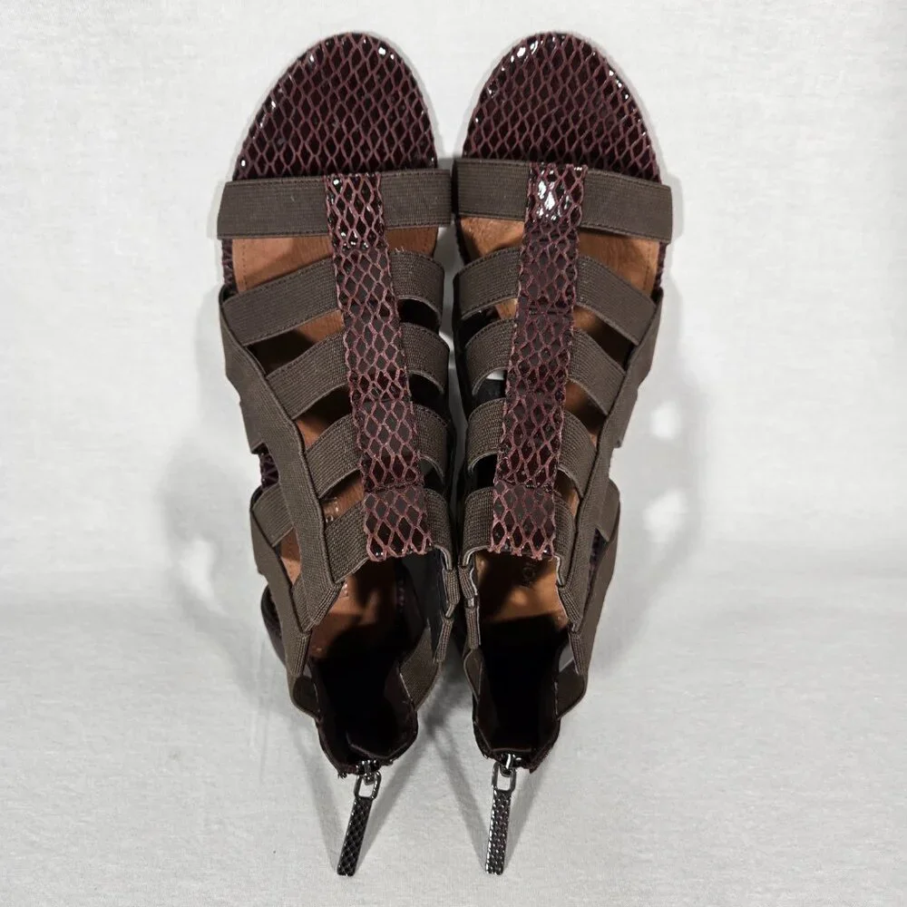 DONALD J PLINER Pira BROWN Watersnake & Stretchy Strappy Ankle Wedge Sandals 8M. - Picture 7 of 17